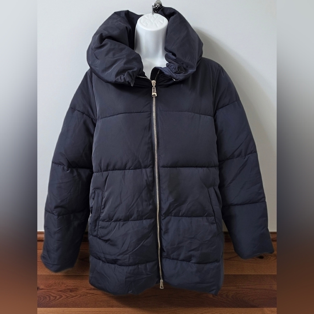 905u. ZARA Down Navy Blue Funnel Neck Water Repellant Hooded Puffer Anorak Coat